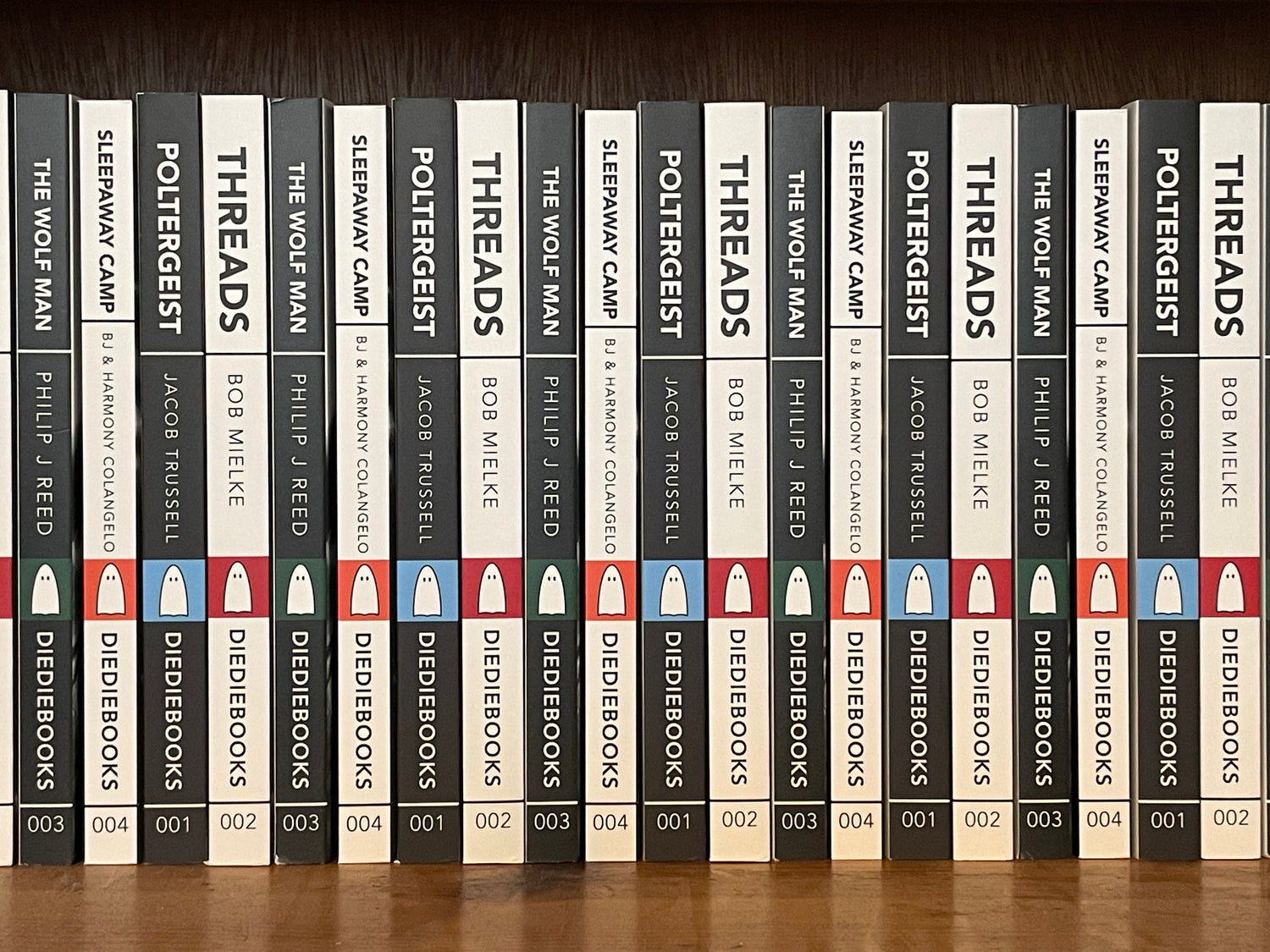 Bookshelf filled with DieDieBooks with black and white spines