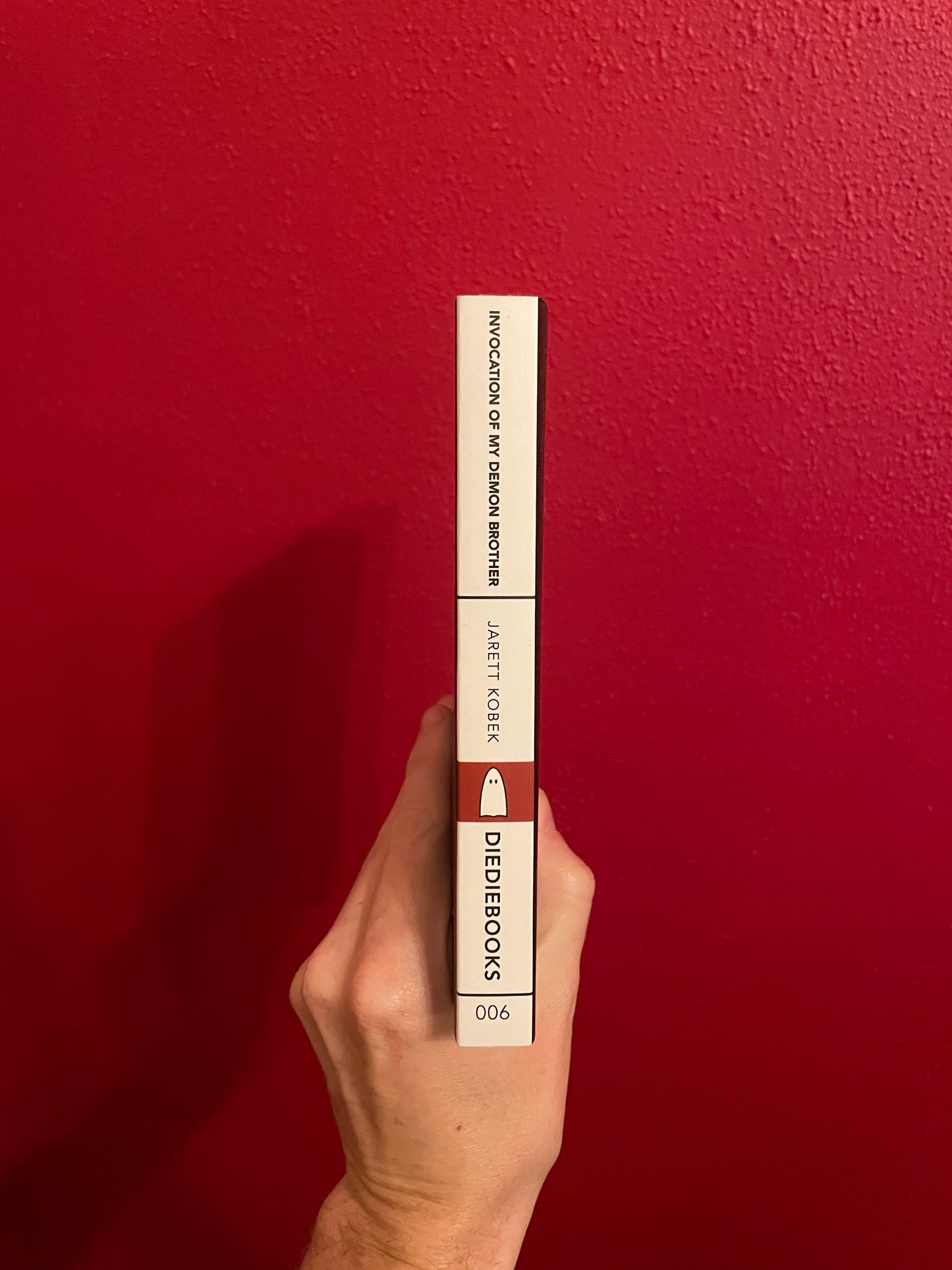 Side view of Invocation of My Demon Brother by Jarett Kobek - black text on white spine
