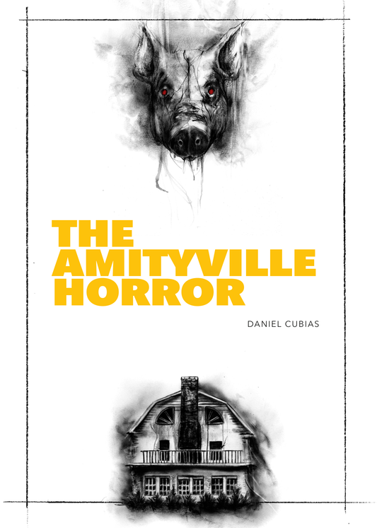 Book cover of 'The Amityville Horror' with a pig's head and house illustration.