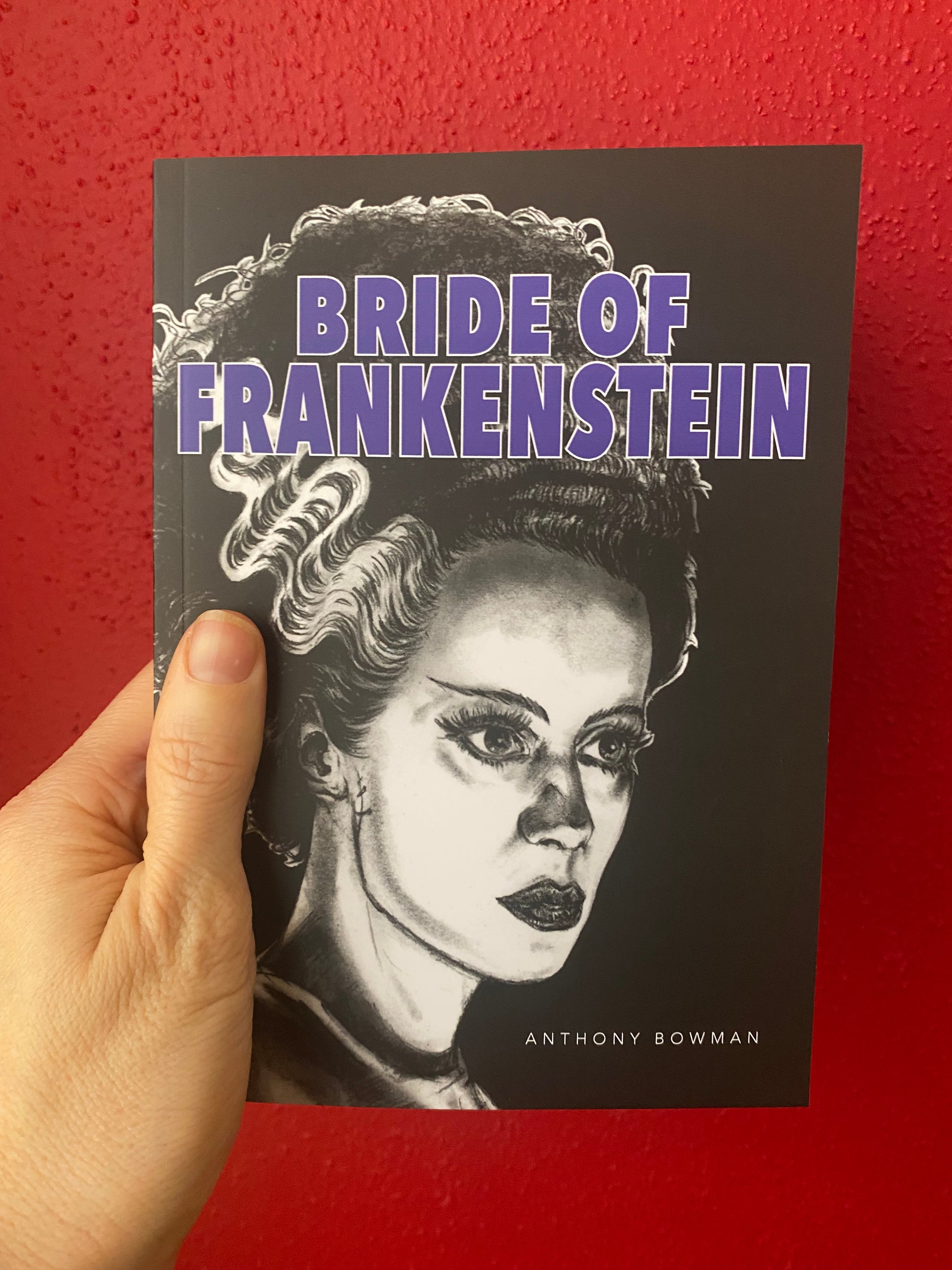 Close up view of hand holding a copy of the DieDieBook Bride of Frankenstein by Anthony Bowman. White illustration of the Bride on black background with purple text